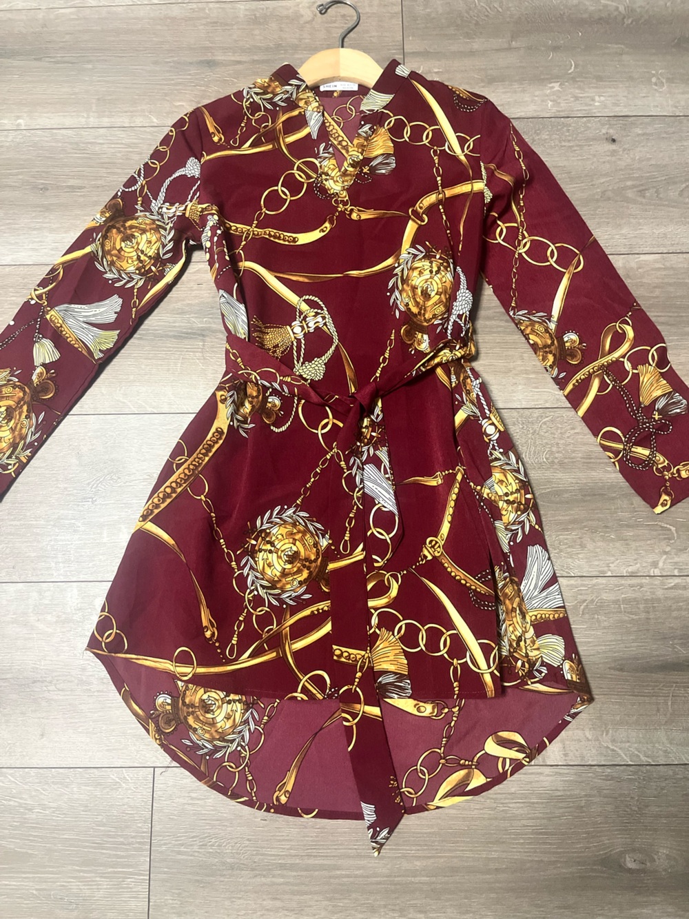 SHEIN Burgundy Button-Down Chain & Medallion Print Top